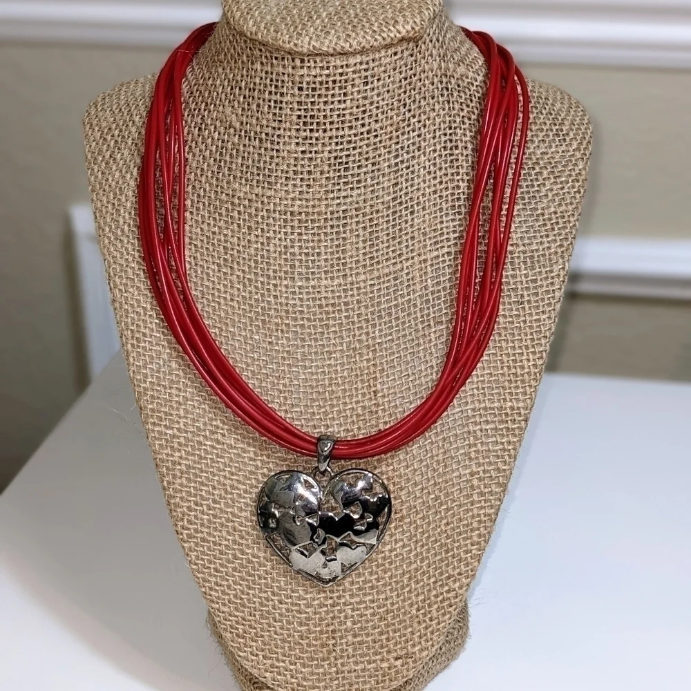 Silver Heart Pendant with Red Leather Necklace